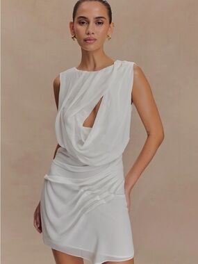 MESHKI Oria Chiffon Mini Dress White Draped Cutout NWT Size XL